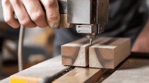 Close-up of a band saw cutting a block of wood.