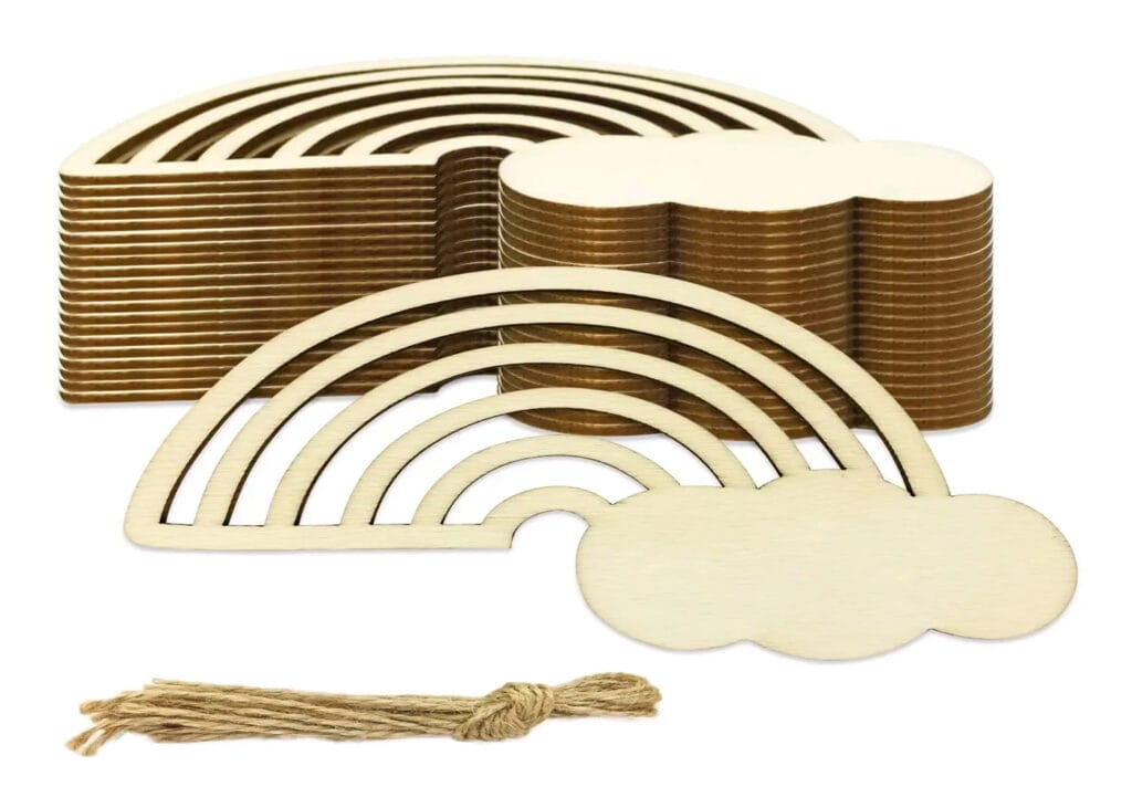Wooden rainbow and cloud craft shapes with twine